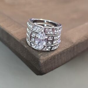 Wedding Trio Ring Set Marquise & Round Cut CZ Silver Tone Size 8/9